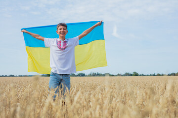 Pray for Ukraine. Child with Ukrainian flag in wheat field. Cute boy waving national flag praying for peace. - 598276443