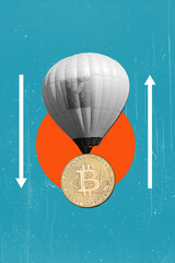 Art collage, balloon, and bitcoin, up or down.