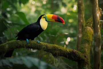 Fototapeta premium A toucan perched on a tree branch in a jungle settin