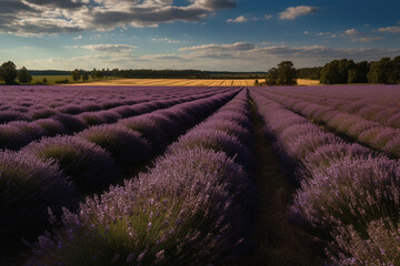 A panoramic view of a sprawling lavender field, with a quaint French farmhouse in the distance. Ai generated.