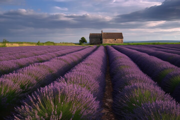 Fototapeta na wymiar A panoramic view of a sprawling lavender field, with a quaint French farmhouse in the distance. Ai generated.