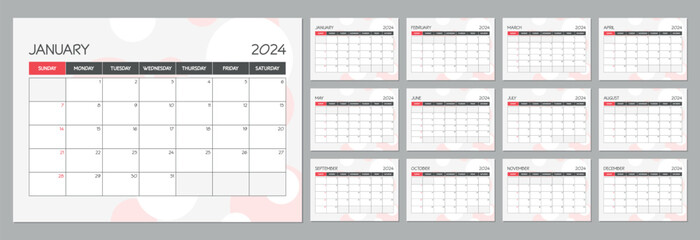 Monthly calendar planner template for 2024 year. Wall calendar schedule in a red minimalist style. Week Starts on Sunday