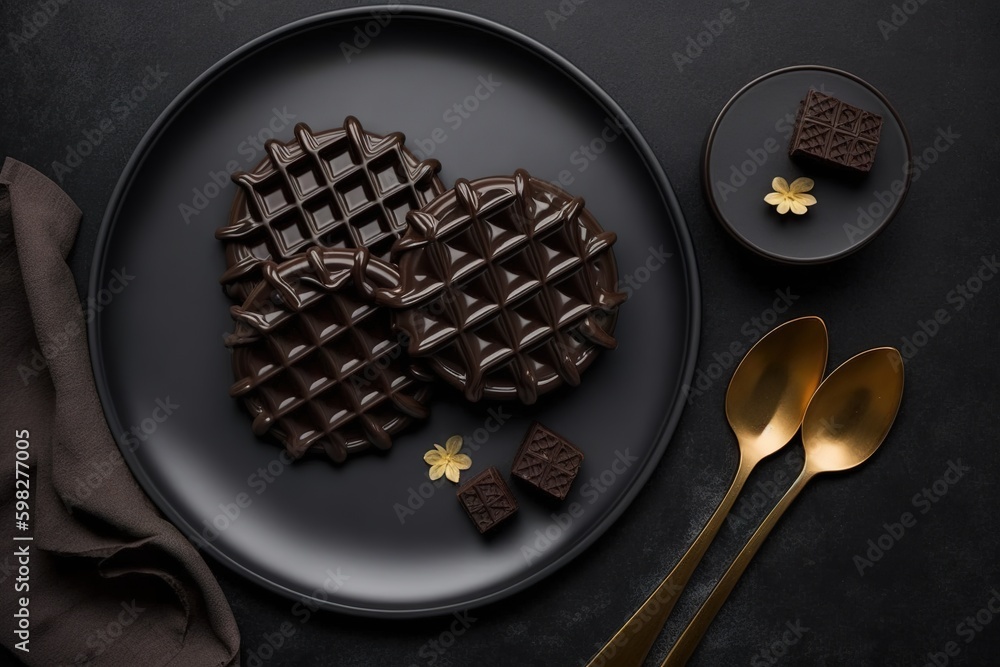 Poster black and white minimalist breakfast concept flat lay top view of belgian waffles on a black backdro