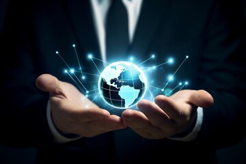 icon internet world in the hands of a businessman network technology and communication, businessman holding a globe in their hands, hand holding a globe with map, Generative AI