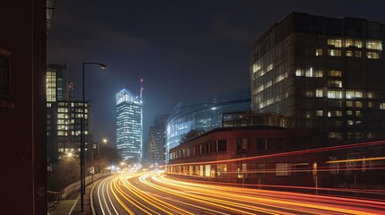 Fototapeta na wymiar light trails above buildings, traffic at night, city at night, traffic in the city, night traffic in the city, Generative AI