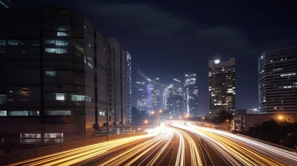 Foto op Plexiglas Snelweg bij nacht light trails above buildings, traffic at night, city at night, traffic in the city, Generative AI