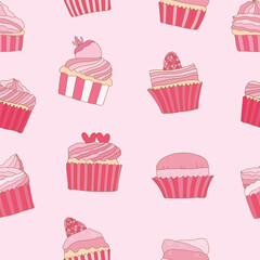 Vector illustration of sweet and cute hand drawn cup cakes in red and pink tone. Seamless pattern background in doodle art style