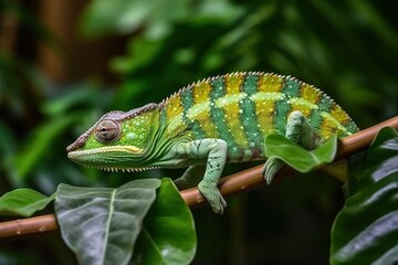 A chameleon on a branch with green leave