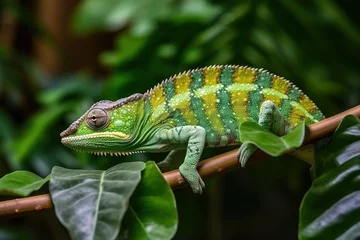 Foto op Canvas A chameleon on a branch with green leave © Dan