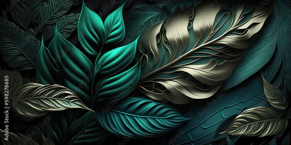 Poster the backdrop is a metallic green leaf texture. generative ai generative ai