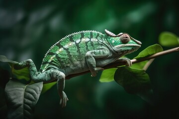 Fototapeta premium A chameleon on a branch with green leave