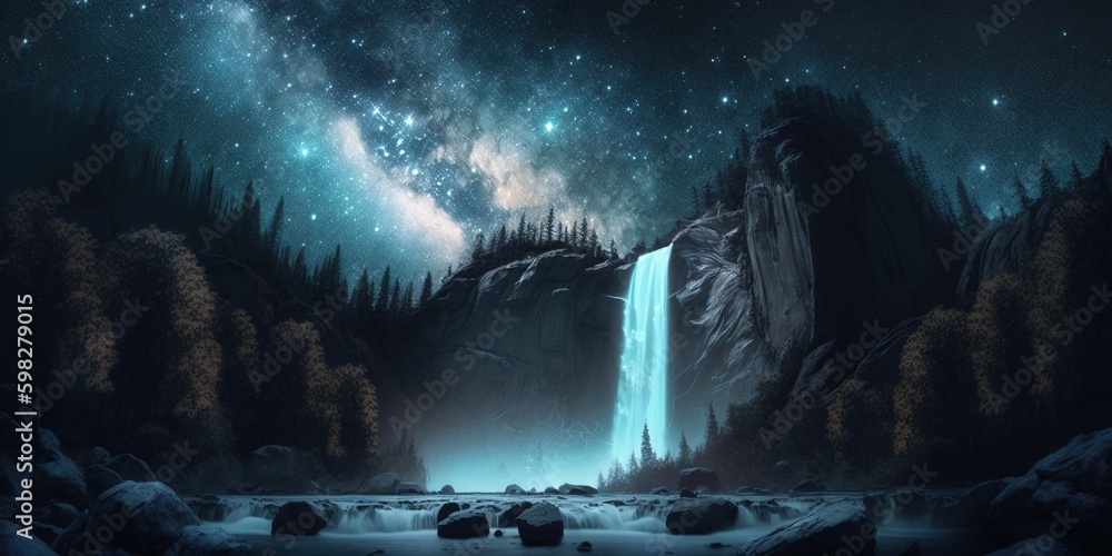 Aufkleber waterfalls and trees make up the milky way. generative ai generative ai