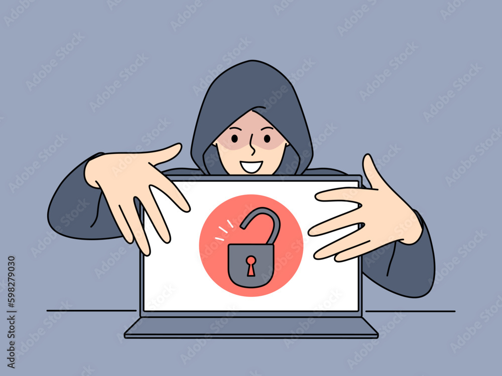 Poster hacker in hood touching open laptop with padlock symbol on screen steal secure information. concept 
