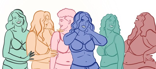 Illustration de jolie lingerie portée par un panel diversifié de femmes de part leurs âges de part leur nationalité. Elles sont heureuses et sourient