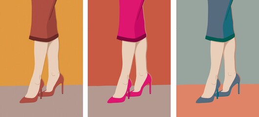 Plusieurs colories de jambes de femmes d’affaires en tailleurs portant des escarpins pointus. 
