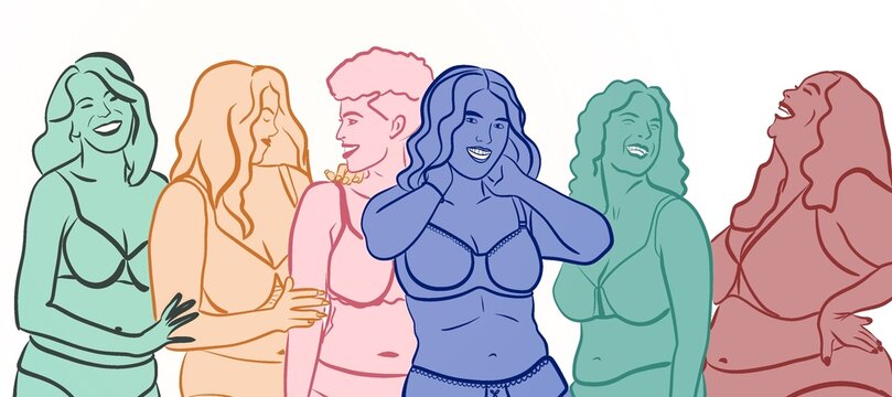Illustration de jolie lingerie port&eacute;e par un panel diversifi&eacute; de femmes de part leurs &acirc;ges de part leur nationalit&eacute;. Elles sont heureuses et sourient