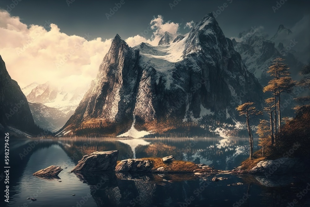 Poster parallel to the river is a mountain. generative ai generative ai