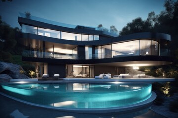 Fashion unusual house with pool. Generate Ai