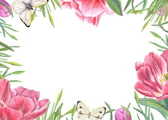 Watercolor horizontal frame with tulips, leaves, white butterflies isolated on transparent background. Illustration for the design of Save the Date, Valentines day, birthday, wedding cards, invitation