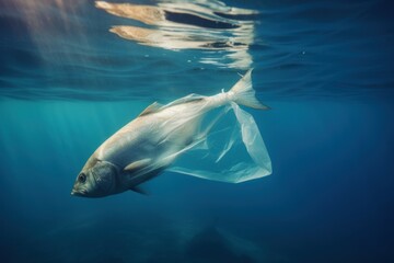 Naklejka premium Sea fish plastic bag waste. Generate Ai