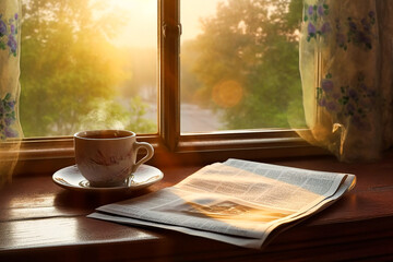 Steaming coffee and a newspaper on the window sill. AI generativ.