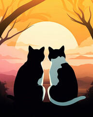 two cats sitting in the sunset. Generative AI image.