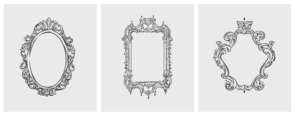 Hand drawn vector abstract outline,graphic,line art vintage baroque ornament floral frames set in minimalistic modern style.Baroque floral vintage outline design concept.Vector antique frame isolated. - 598280282