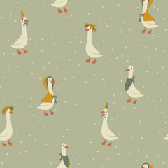 Geese seamless pattern. Cute cartoon characters in funny clothes, hat, raincoat in simple hand drawn style. The limited vintage palette is perfect for baby prints. Goose nursery vector.