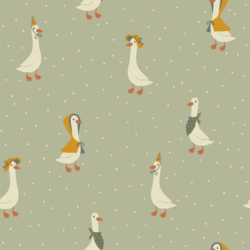 Fototapeta Geese seamless pattern. Cute cartoon characters in funny clothes, hat, raincoat in simple hand drawn style. The limited vintage palette is perfect for baby prints. Goose nursery vector.