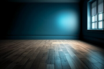 Blue empty wall and wooden floor with interesting light glare. Interior background for the presentation. AI generative