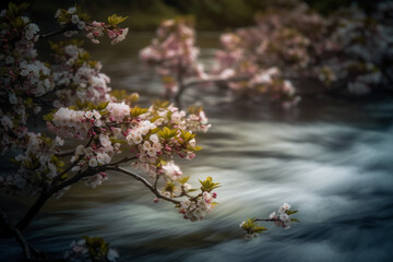 Butterply, cherryblossom, blurred river. AI generative