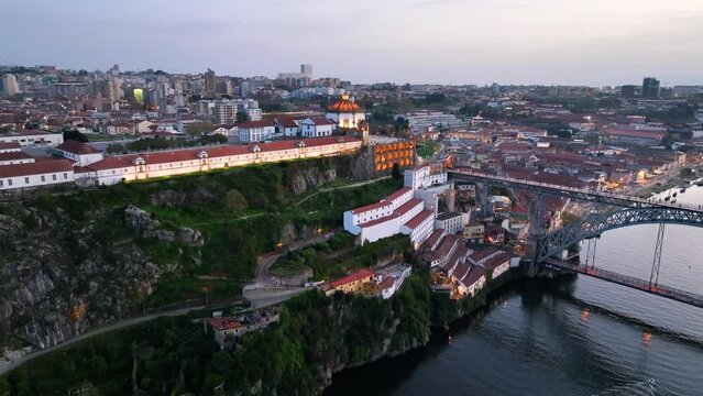 Aerial View Shot of Porto, Dom Luis I Bridge, Douro River, Old Town, Portugal