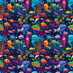 Obraz premium Seamless background of deep sea monsters and fish. AI generated
