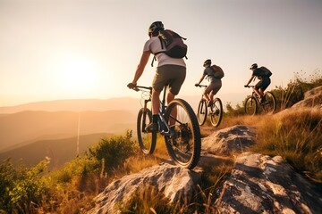 Naklejka na ściany i meble In adventure-themed style, mountain bikers are depicted at sunset with a sensory experience that combines natural and man-made elements
