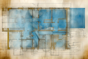 Generative AI illustration of construction house plans drawn with colored watercolors viewed