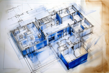 Generative AI illustration of construction house plans drawn with colored watercolors viewed