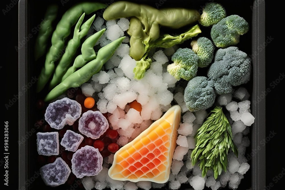 Poster vegetables of different kinds, frozen and mixed, in a box with an ice top. generative ai generative 