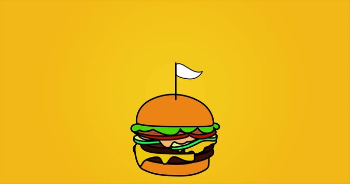 Animated video of burgers falling and stacking perfectly and yellow background