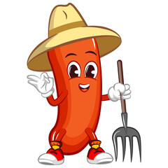 vector mascot character illustration of a sausage farmer wearing farmer's hat and rake