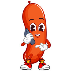 vector mascot character illustration of a sausage taking a call from his cellphone