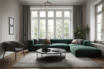 Fototapeta na wymiar Large illuminated cozy living room with a green sofa, potted flowers, a chair and windows with curtains, created with Generative AI