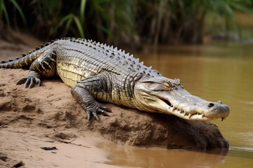 Naklejka premium A crocodile on the banks of a rive