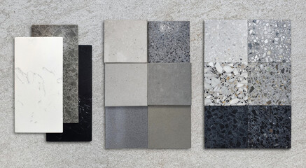 sample of materials construction on grey stone background. interior materials design contains multi...