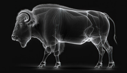 Illustration of a lone bison standing on black background with xray created by Generative AI