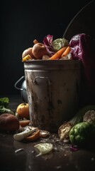 Food loss and food waste. Uneaten spoiled vegetables and fruits thrown in the garbage container. Unwanted rotten veggies in the trash. Generative AI.