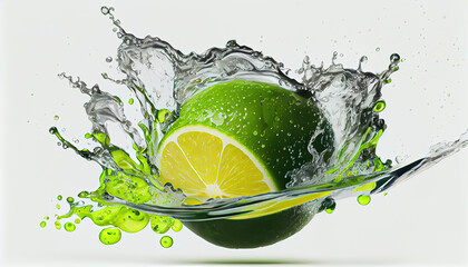 Group of Fresh Whole and Cut or Off Green Lemon Fruit Splashing into Water on White Background AI Generative