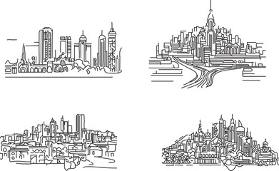 illustration skyline , Busy City hustle line art vector illustration