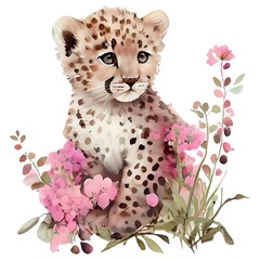 Cute baby leopard with pink flowers watercolor Illustration isolated on white. Generative AI