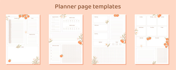 Ready to use planner page templates. Orange blossom floral sheets. Digital planner templates. Digital planner inserts. Vector art.