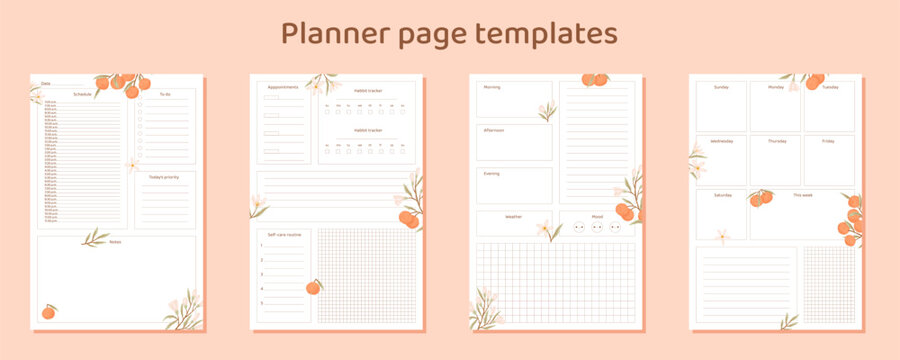 Ready to use planner page templates. Orange blossom floral sheets. Digital planner templates. Digital planner inserts. Vector art.